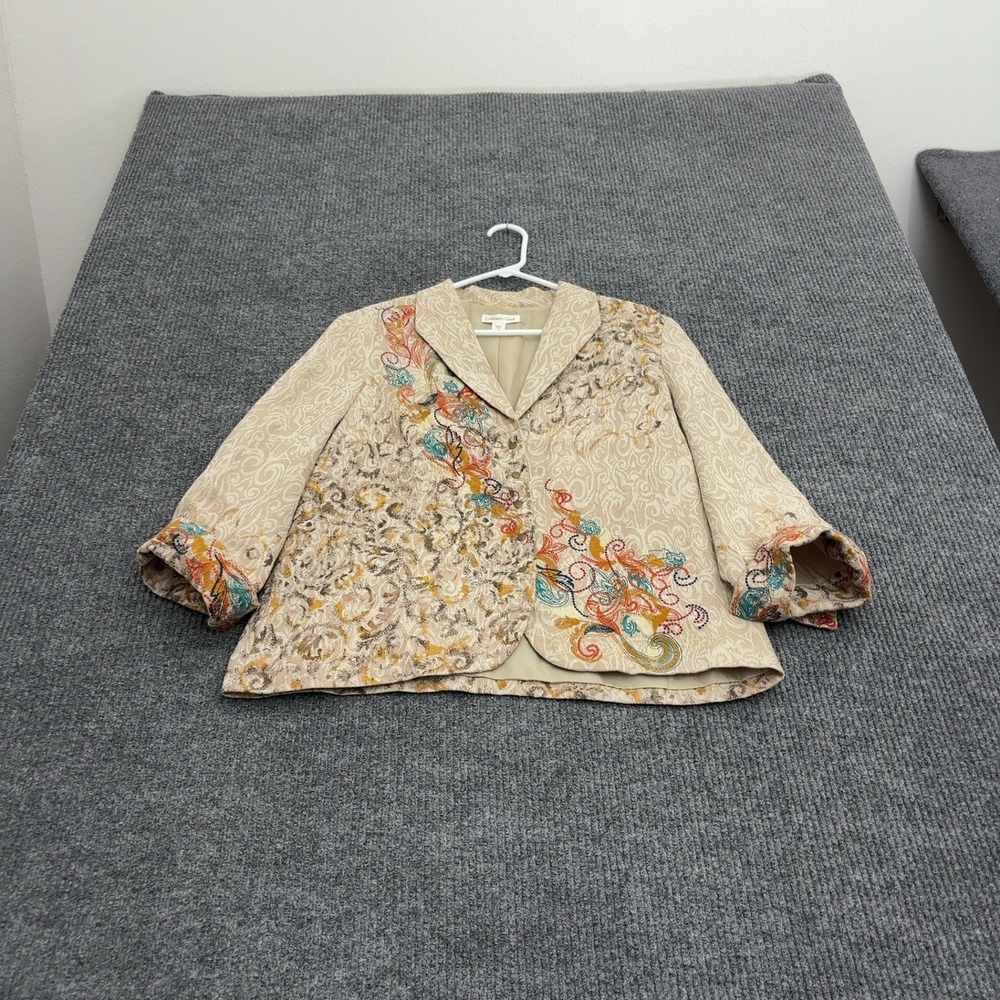 Coldwater Creek Blazer Womens 14 Tan Linen Cotton Embroidered Paisley Boho Chic
